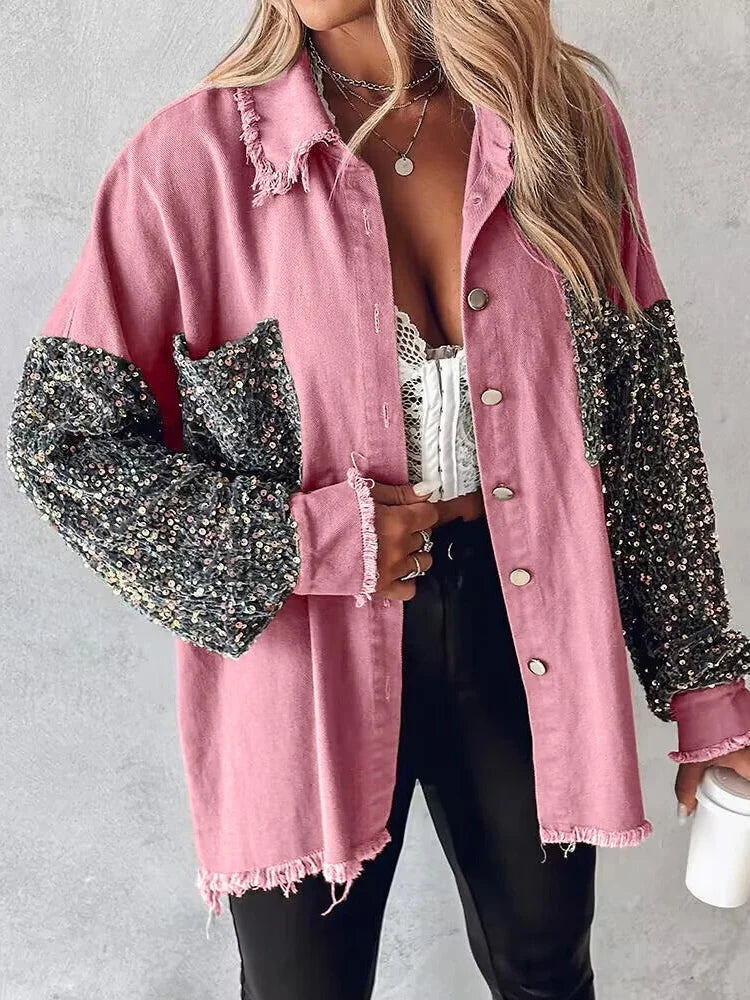 Kataleya - Giacca in denim stilosa con paillettes a contrasto