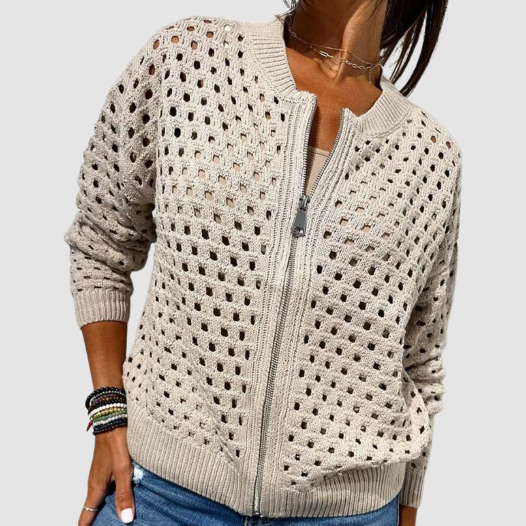 Yarona - Cardigan lavorato a maglia chic con zip e dettagli traforati