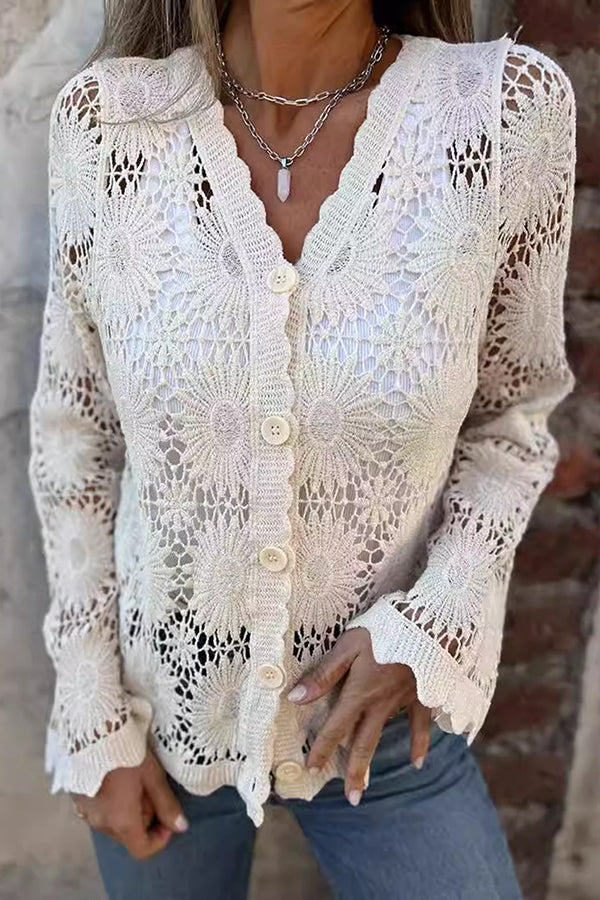 Joyana - Cardigan elegante in pizzo traforato con bottoni