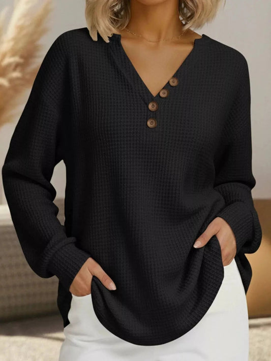 Isra - Felpa casual a maglia waffle con scollo a V