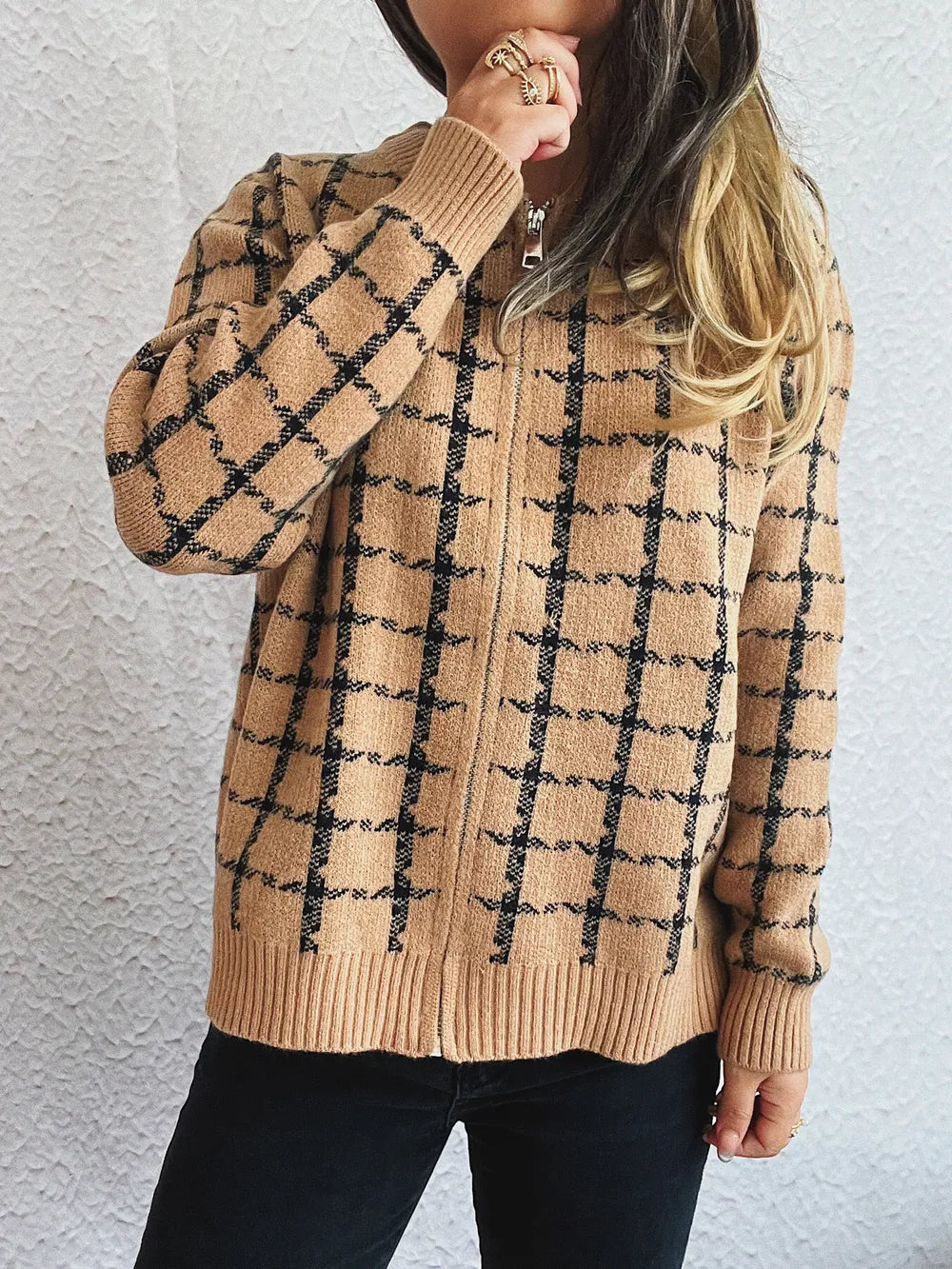Veronique - Cardigan con zip a fantasia scozzese cosy