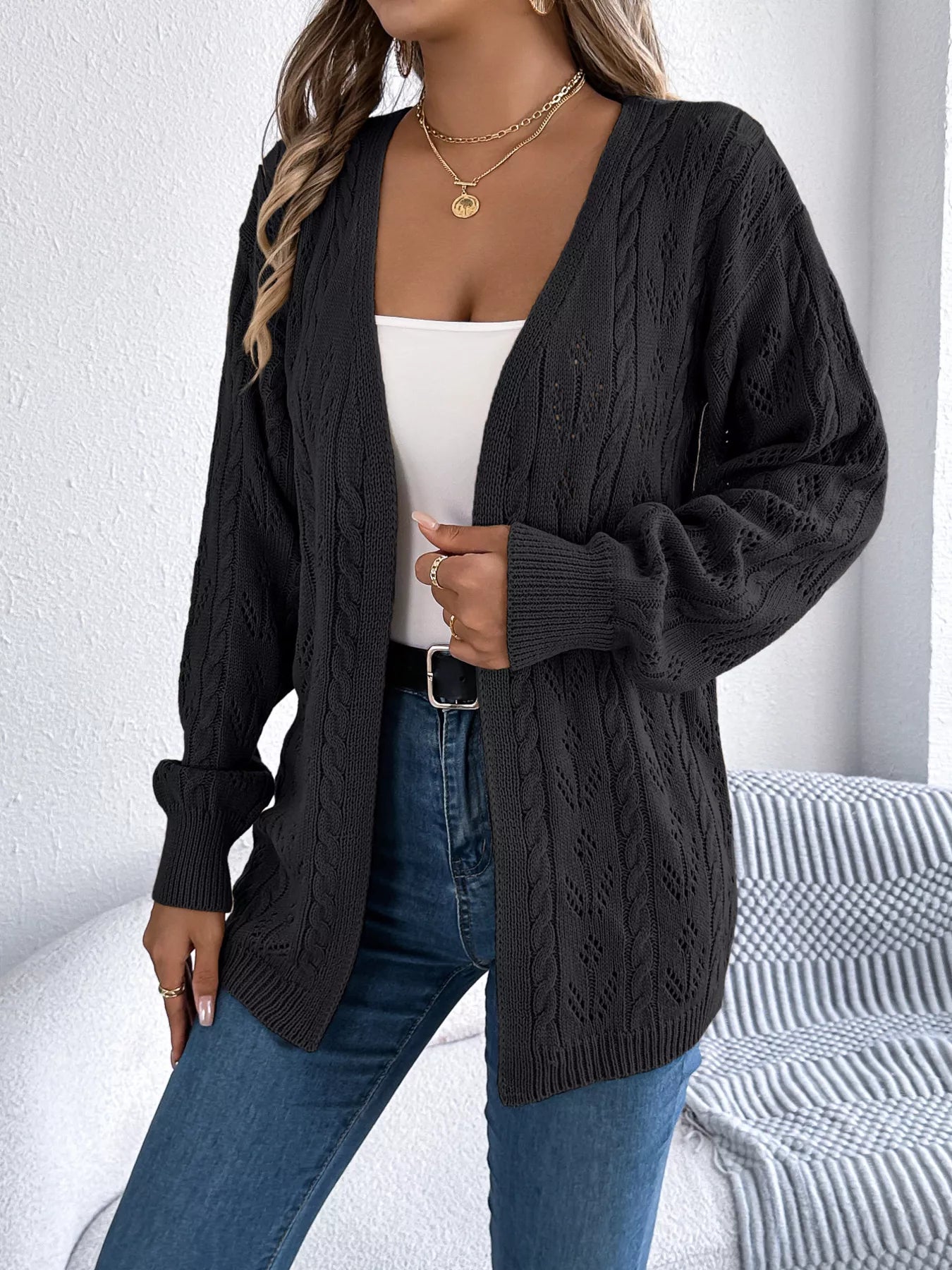 Marigold - Cardigan in maglia a trecce traforata con apertura frontale