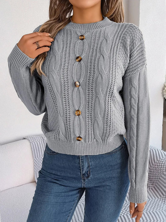 Abriella - Maglione chic in maglia intrecciata con bottoni e scollo rotondo