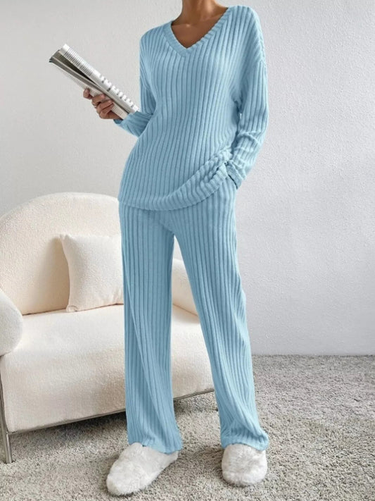 Evianna - Set accogliente in maglia a coste con felpa scollo a V e pantaloni