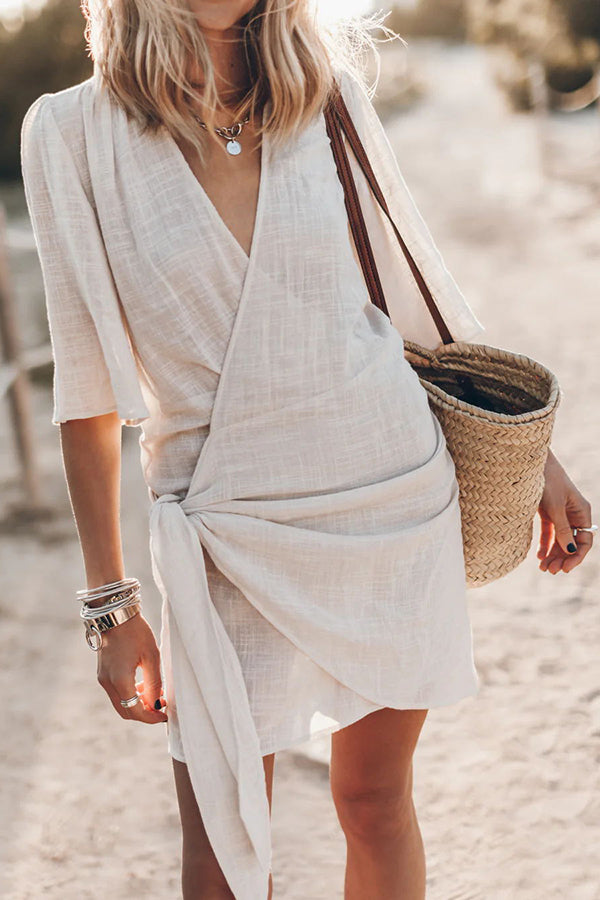Helena - Mini Abito a Portafoglio Annodato in Misto Cotone e Lino Easy Breezy