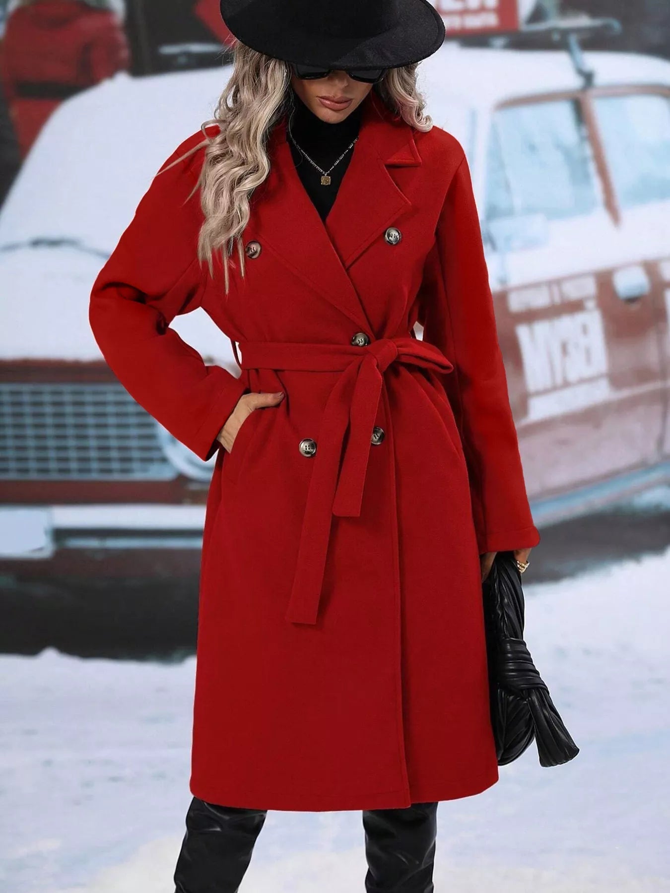 Aliana - Cappotto elegante doppiopetto con collo a revers e cintura