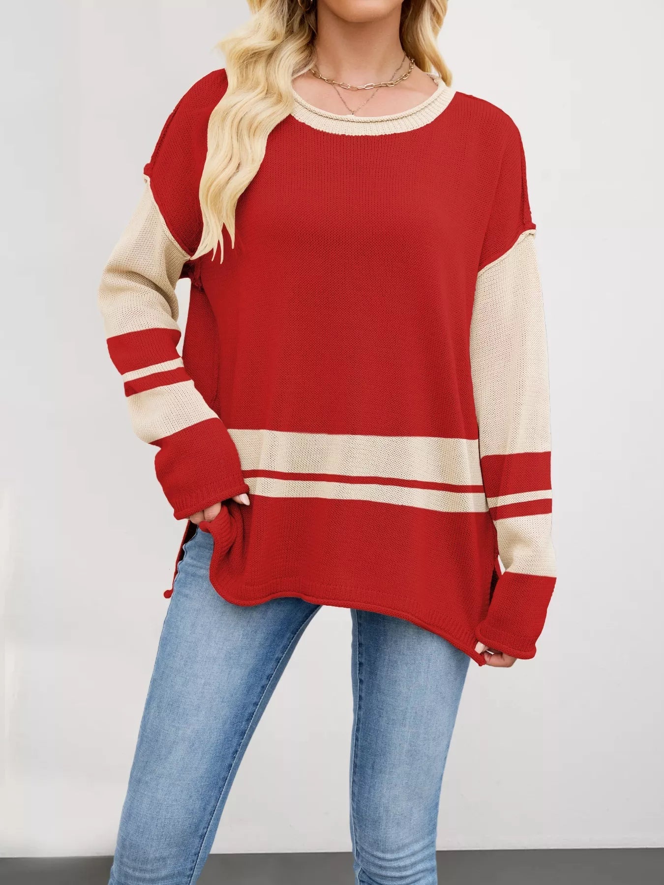 Wanda - Maglione loose elegante color block con spacchi laterali