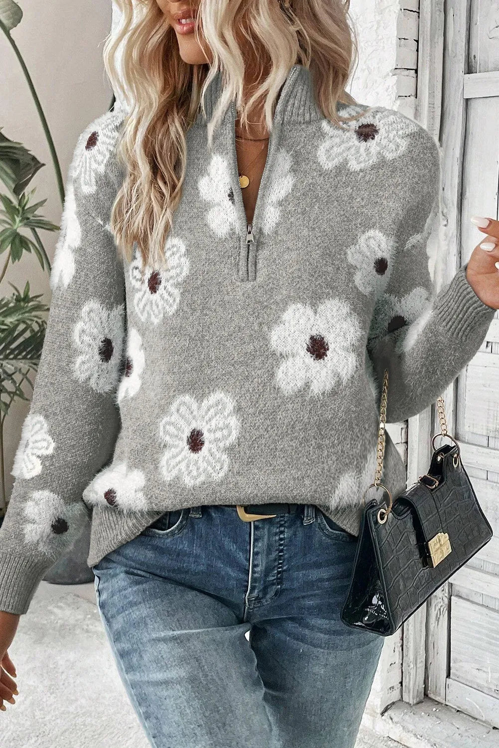 Sachzna - Maglione elegante con zip e motivo floreale