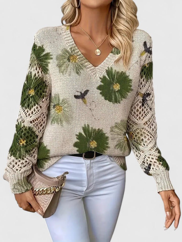 Laryssa - Elegante maglione con motivo floreale ampio e scollo a V