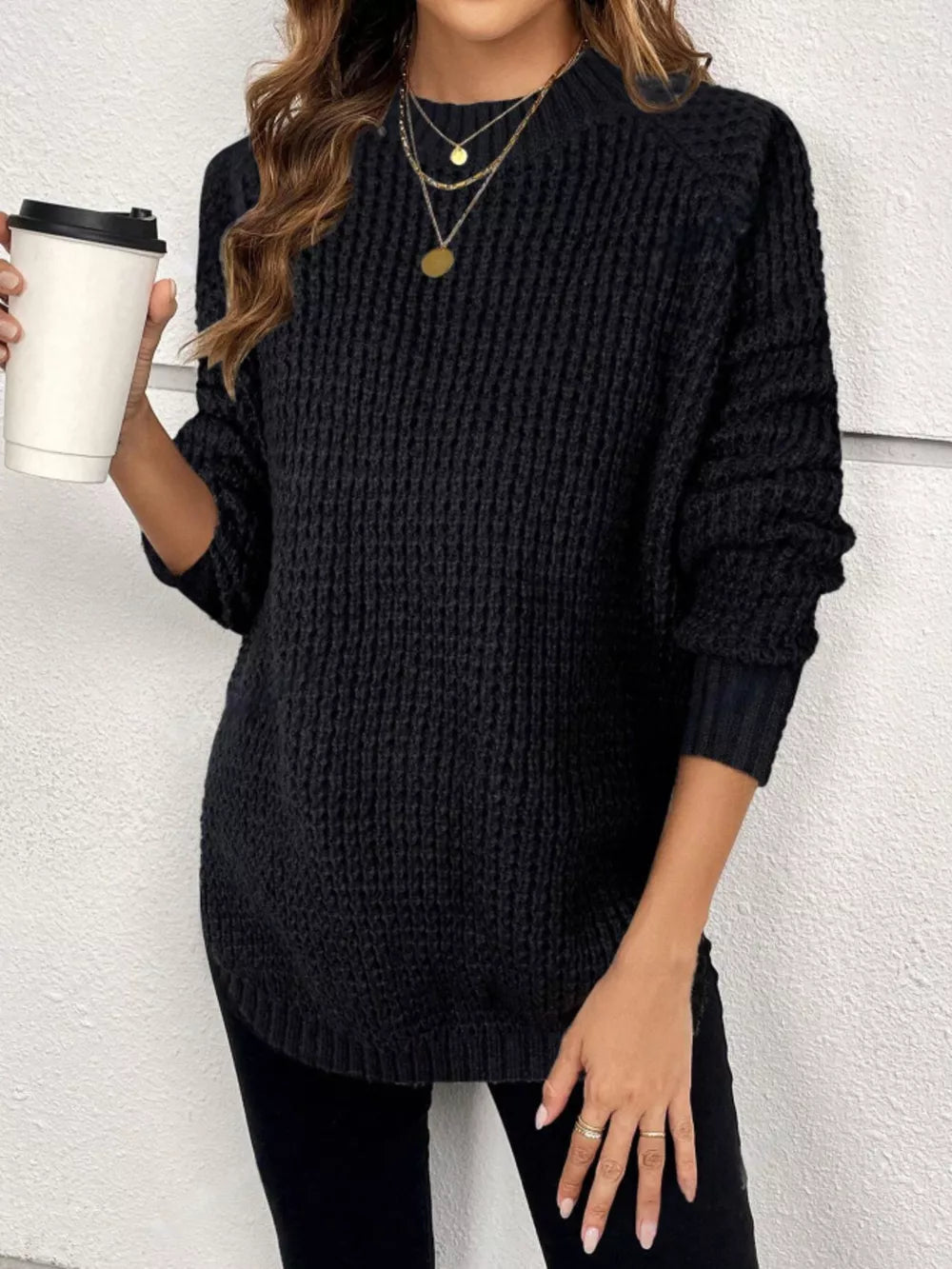 Zyrille - Maglione caldo in maglia waffle con scollo rotondo