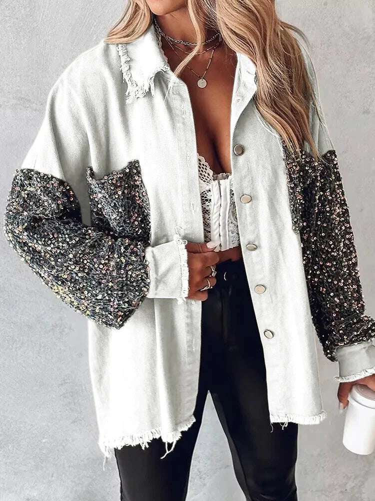 Kataleya - Giacca in denim stilosa con paillettes a contrasto