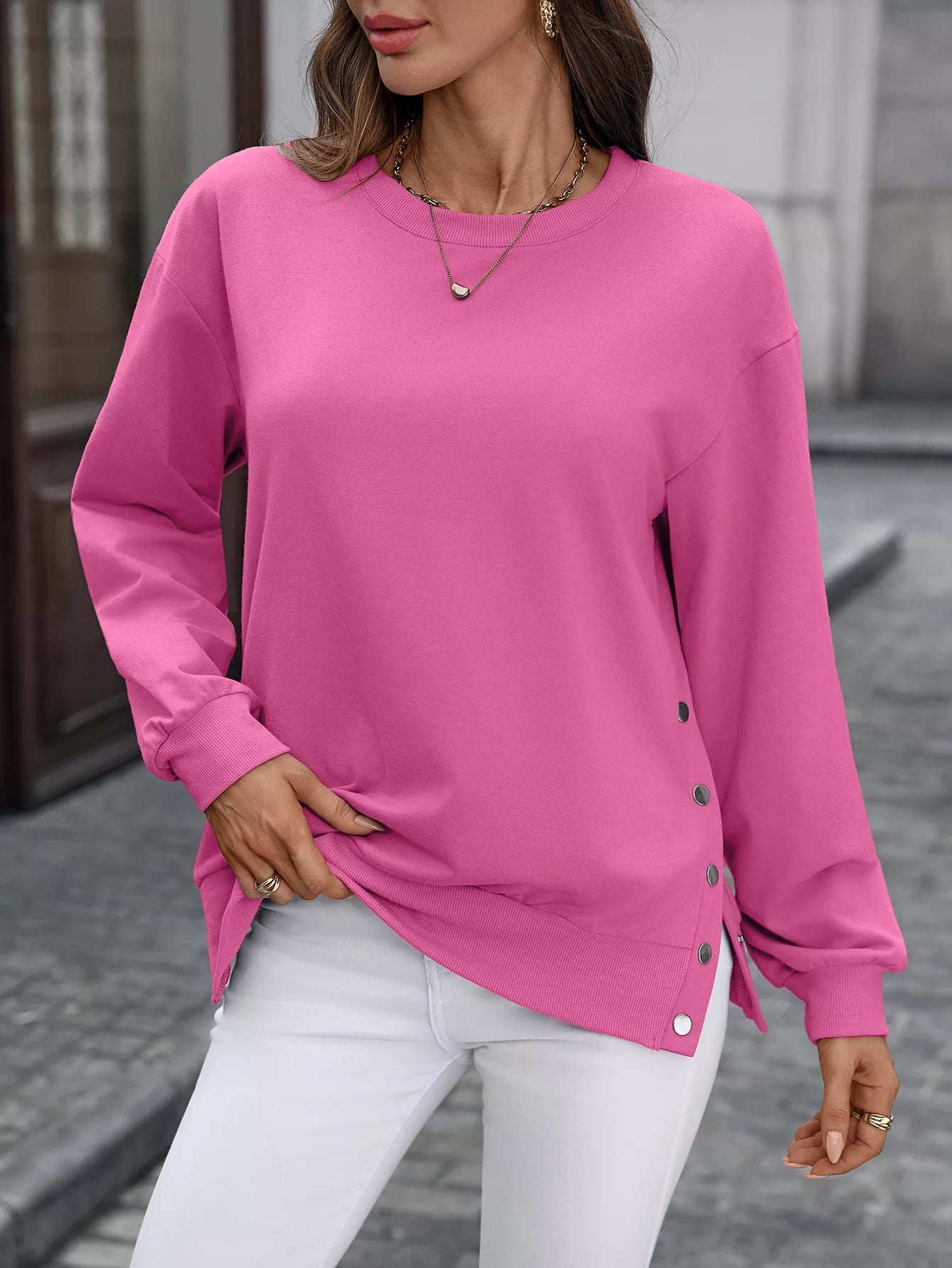 Zabina - Maglione casual e ampio con bottoni laterali da donna