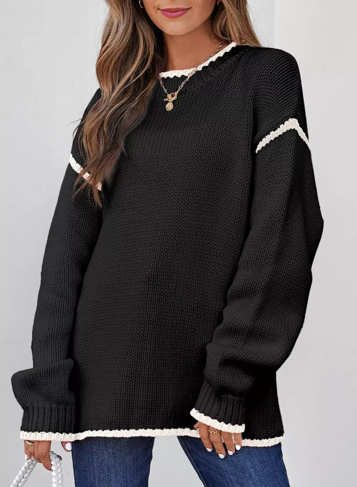 Cailin - Maglione casual a maniche lunghe con bordi a contrasto