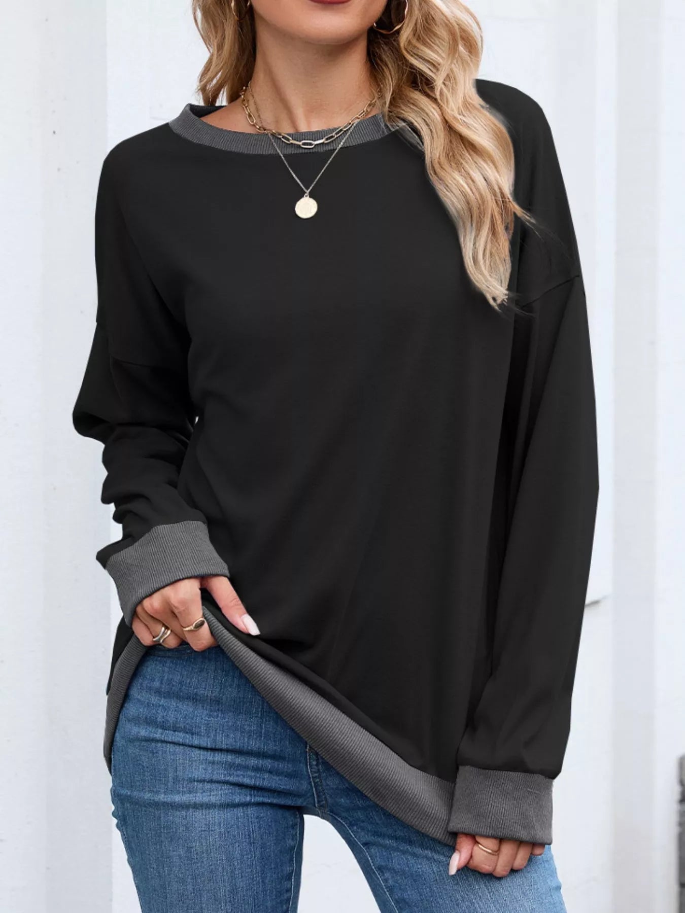 Danette - Felpa casual a maniche lunghe con bordi a contrasto