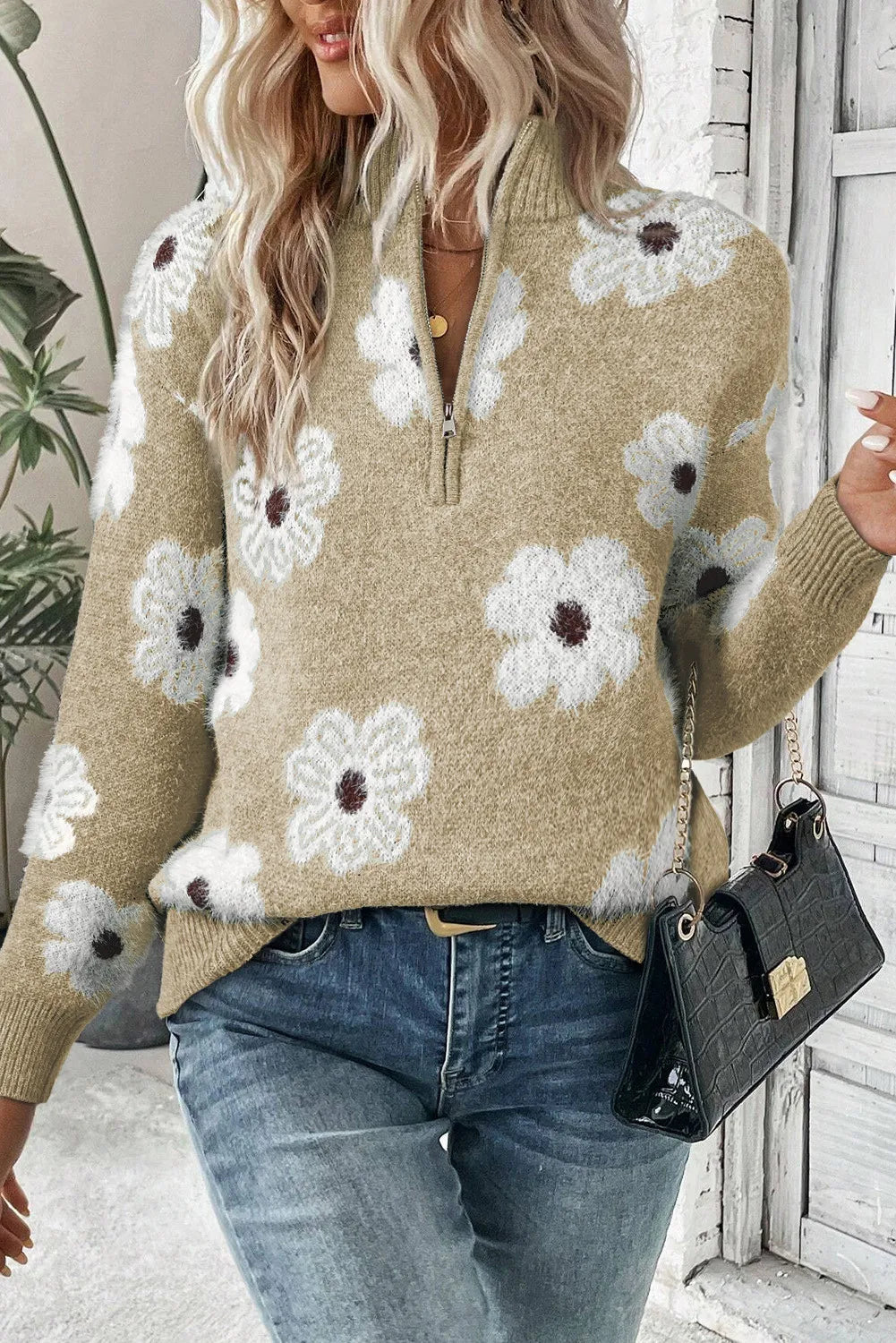Sachzna - Maglione elegante con zip e motivo floreale