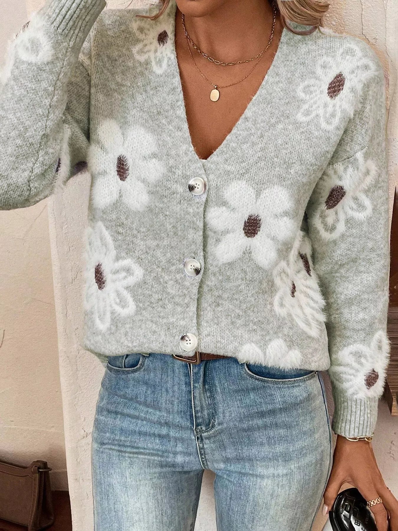 Nancie - Cardigan in maglia con stampa floreale e bottoni