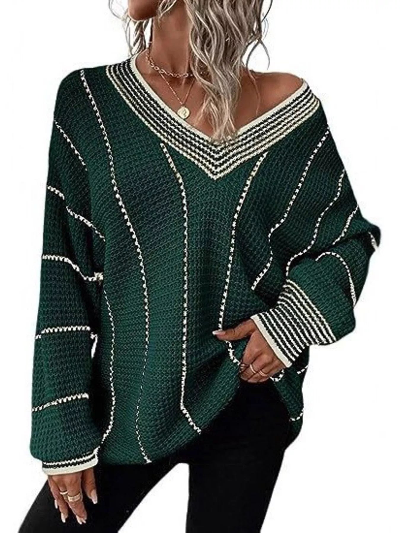 Yazira - Maglione Casual Scollato a V in Maglia Testurizzata