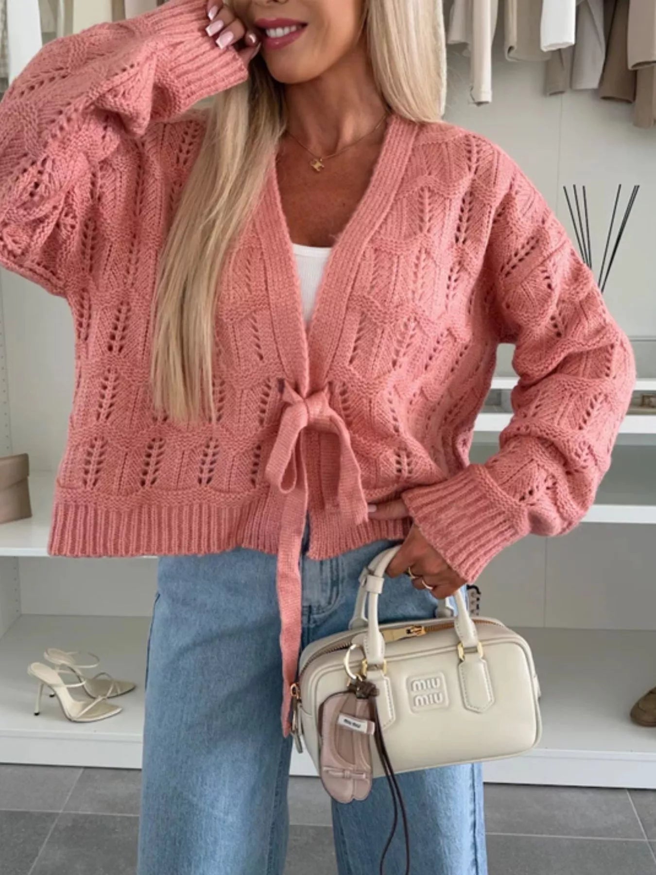 Princesa - Cardigan leggero con lavorazione a trama aperta e chiusura frontale con fiocco
