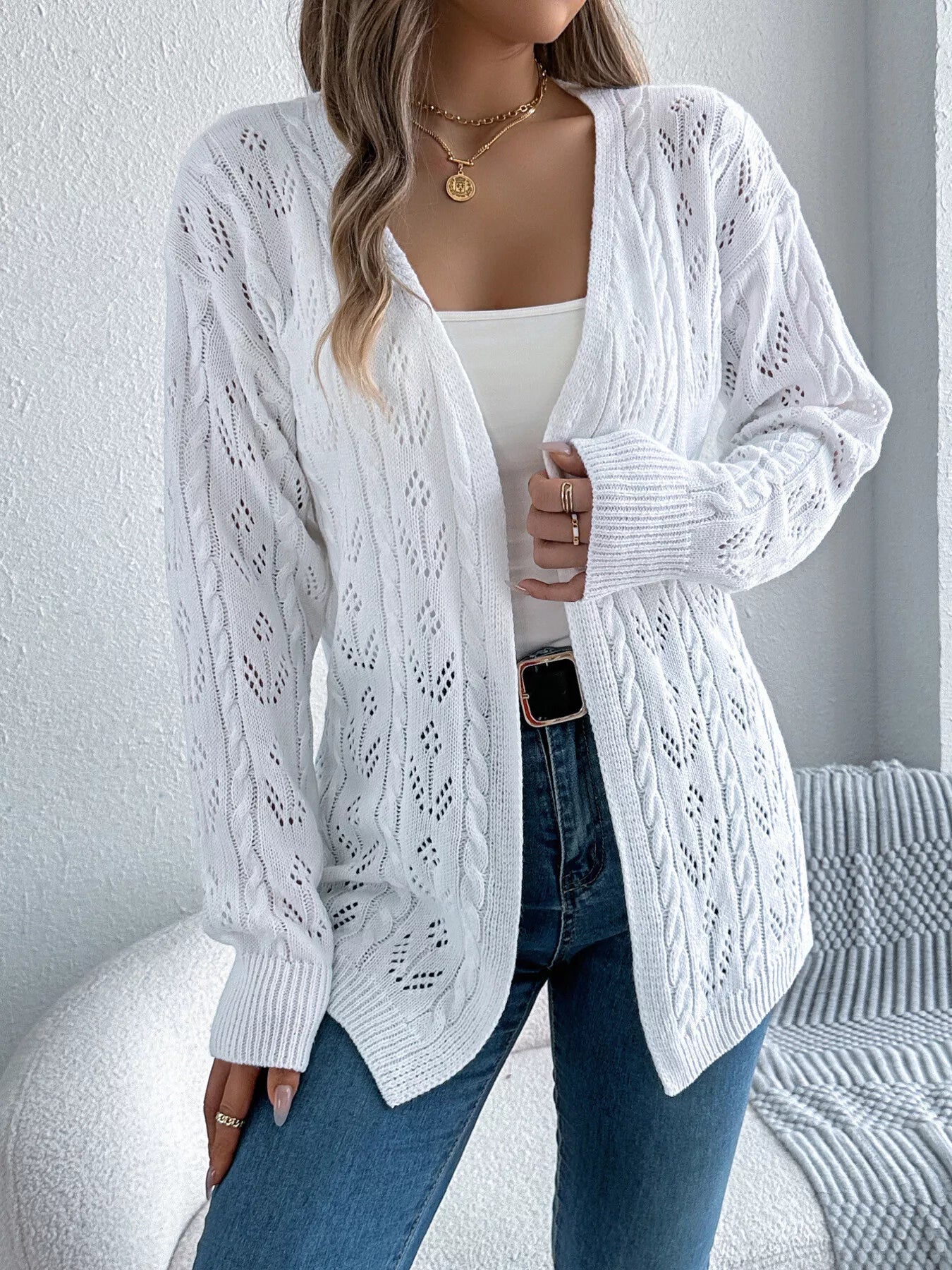 Marigold - Cardigan in maglia a trecce traforata con apertura frontale