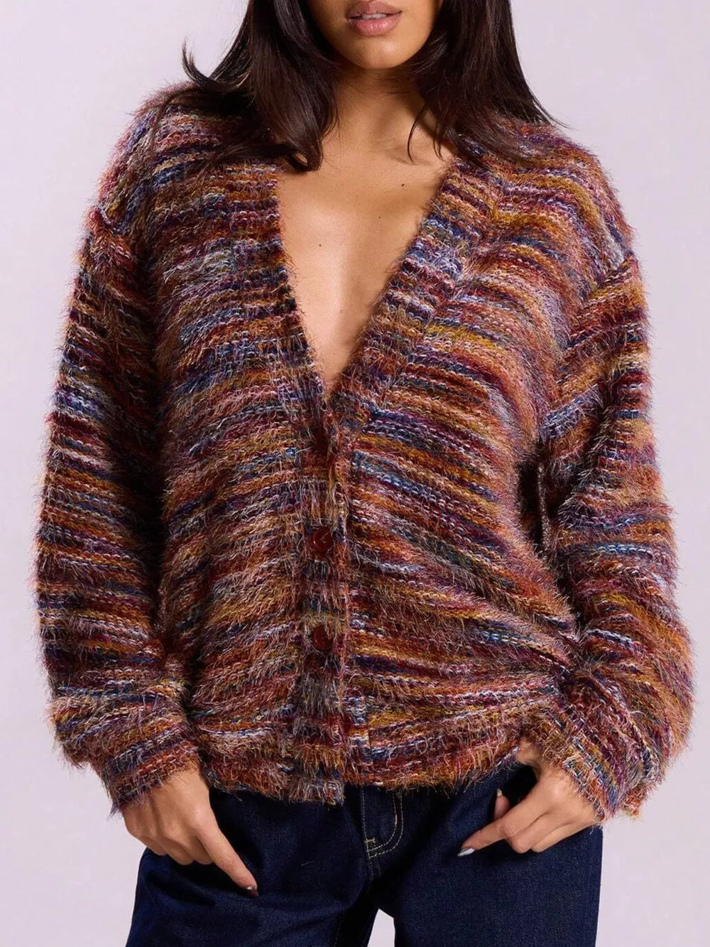 Tifanie - Cardigan in maglia testurizzata con scollo a V e bottoni