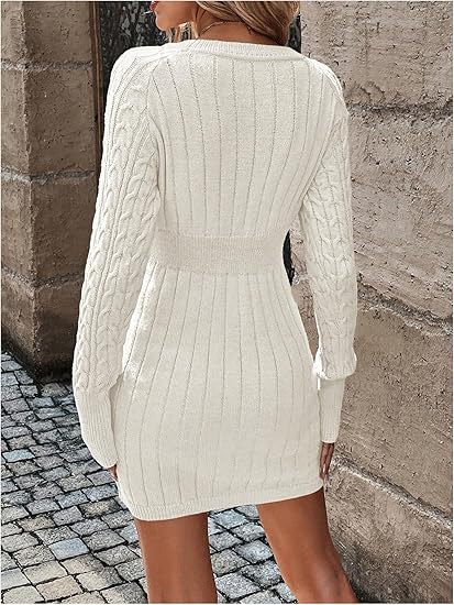 Dolores - Mini abito in maglia a trecce con scollo a V e maniche lunghe