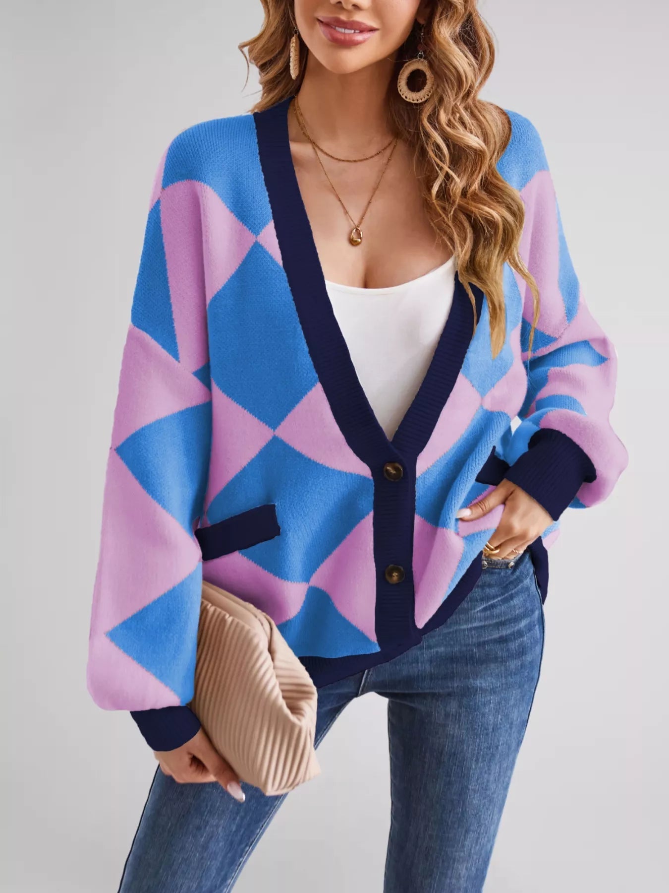 Viona - Cardigan lavorato a maglia con motivo a diamante e bottoni