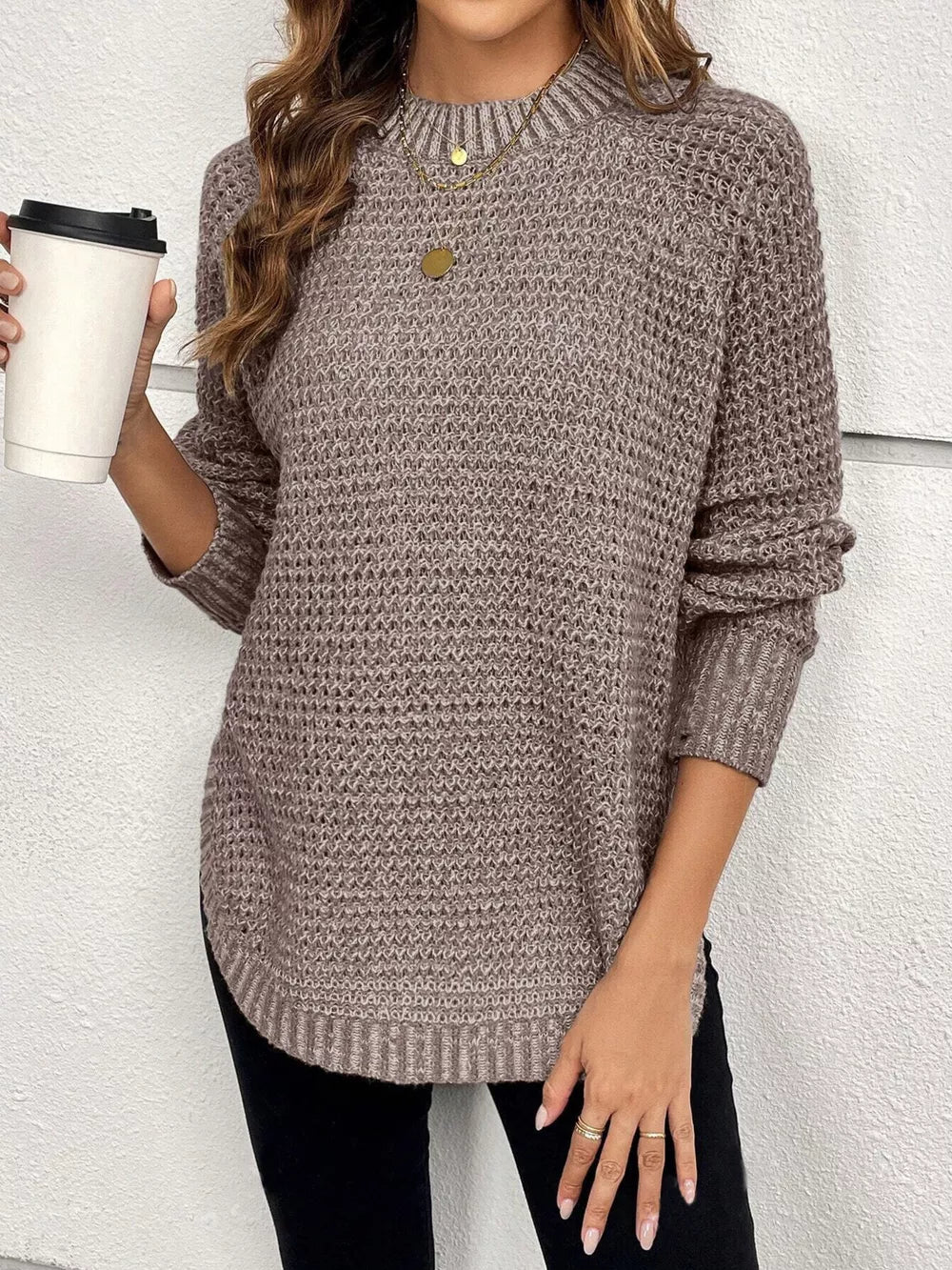 Zyrille - Maglione caldo in maglia waffle con scollo rotondo