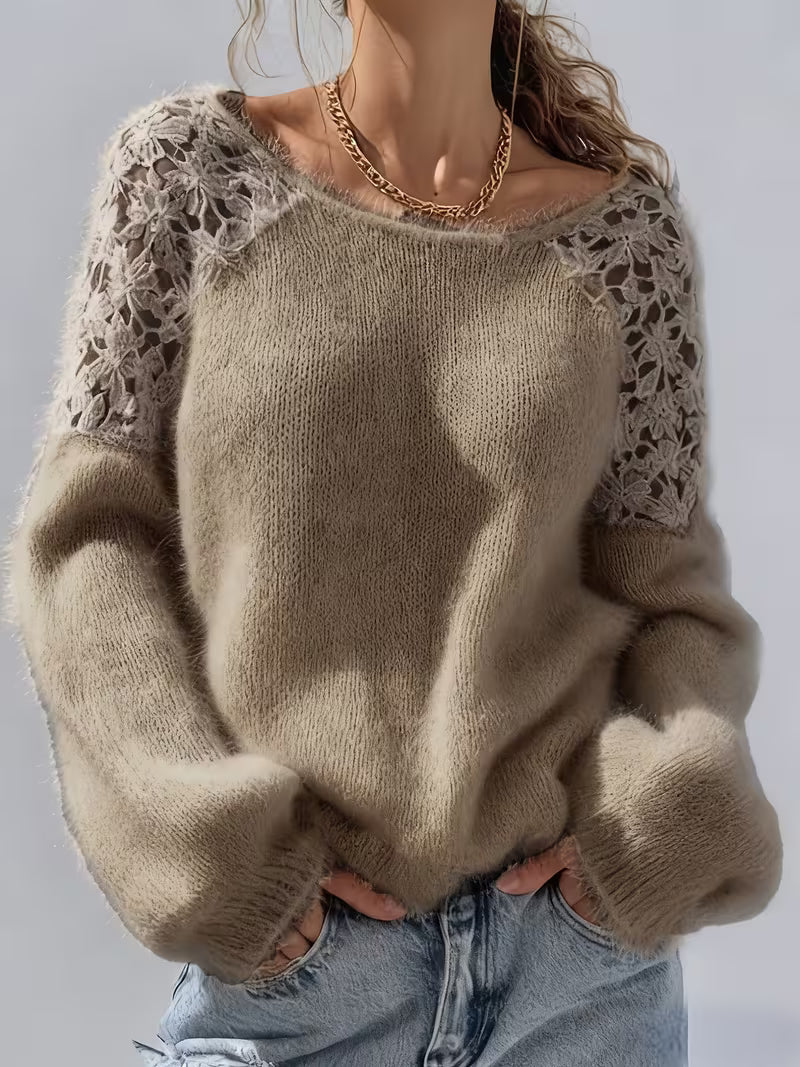 Quantina - Maglione Caldo con Spalle in Pizzo Trafiorato e Maniche Lunghe