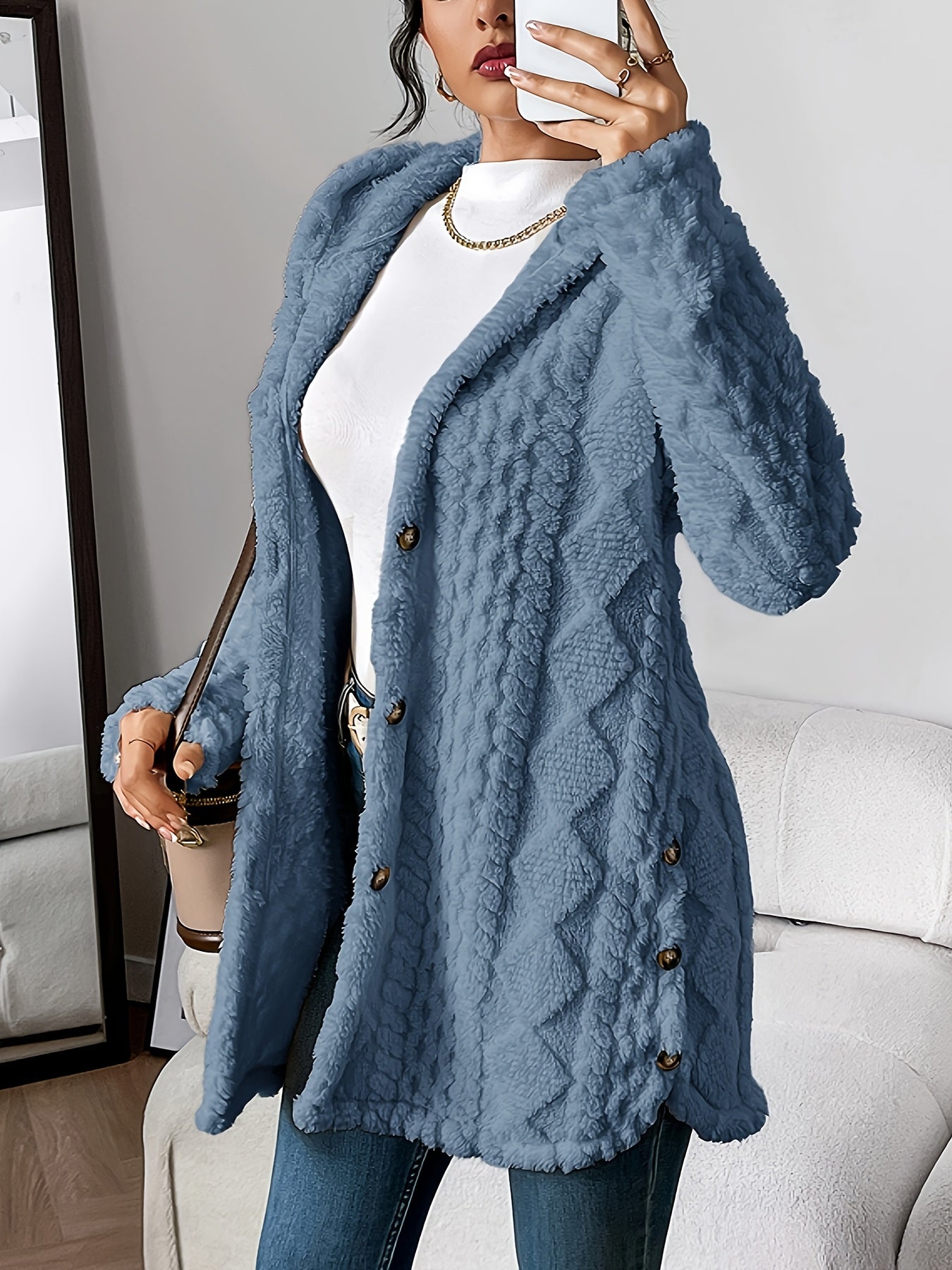 Avery - Cardigan Lungo Caldo in Peluche con Cappuccio