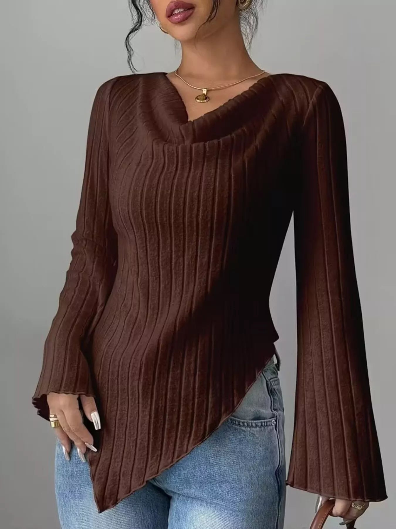 Gavina - Felpa in maglia a coste con collo morbido drappeggiato