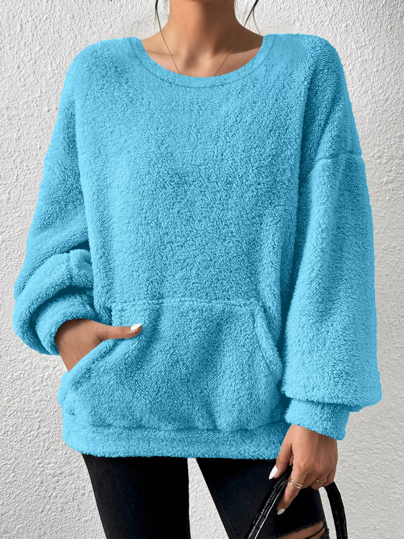 Jiana - Maglione caldo in pile con scollo rotondo e spalle scese