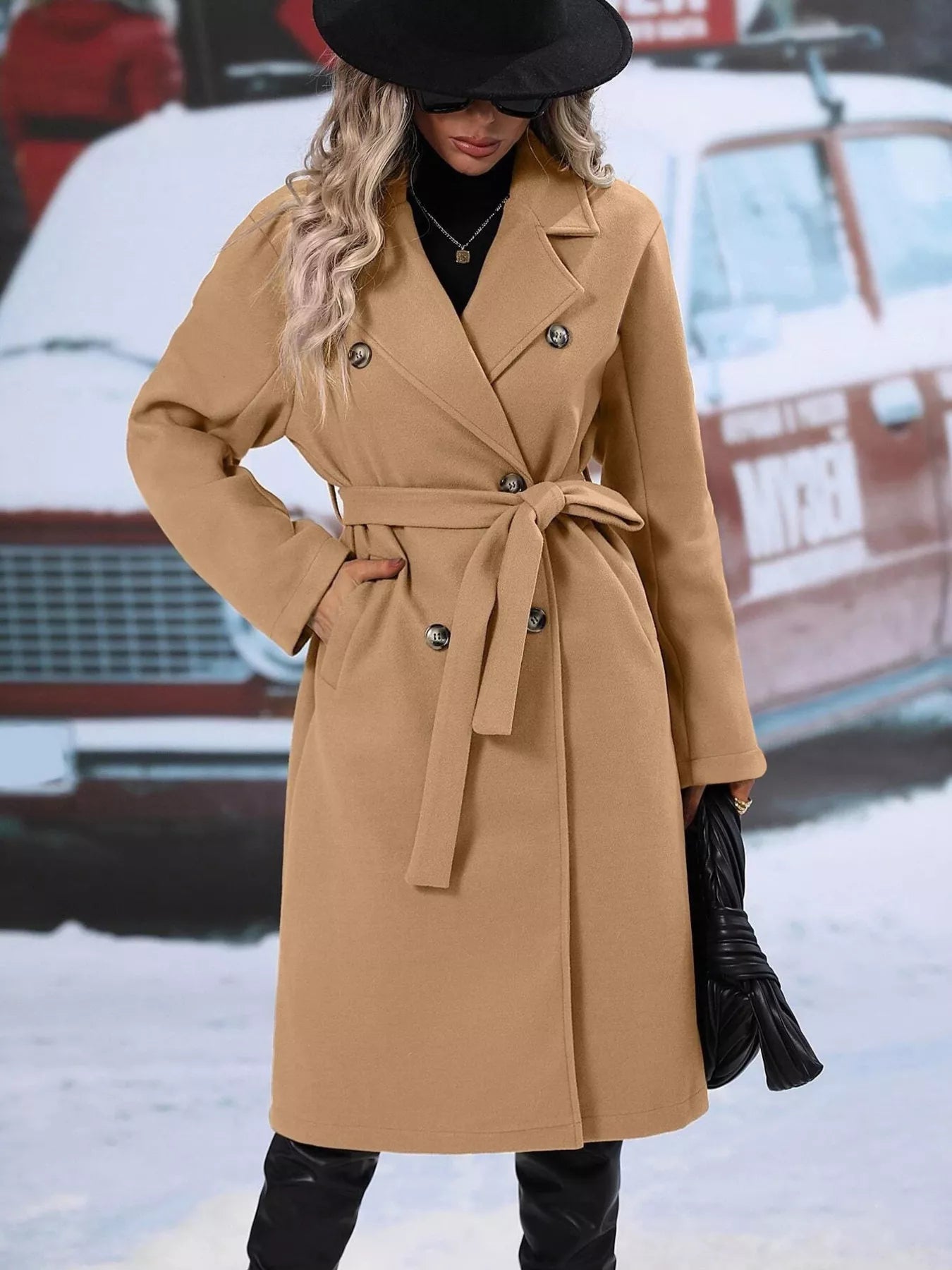 Aliana - Cappotto elegante doppiopetto con collo a revers e cintura