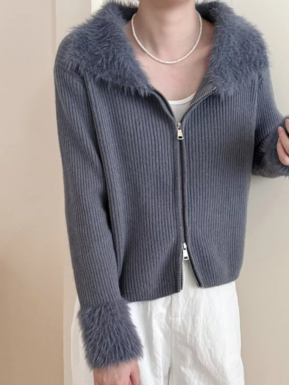 Rilynn - Cardigan elegante con zip a coste e bordi soffici