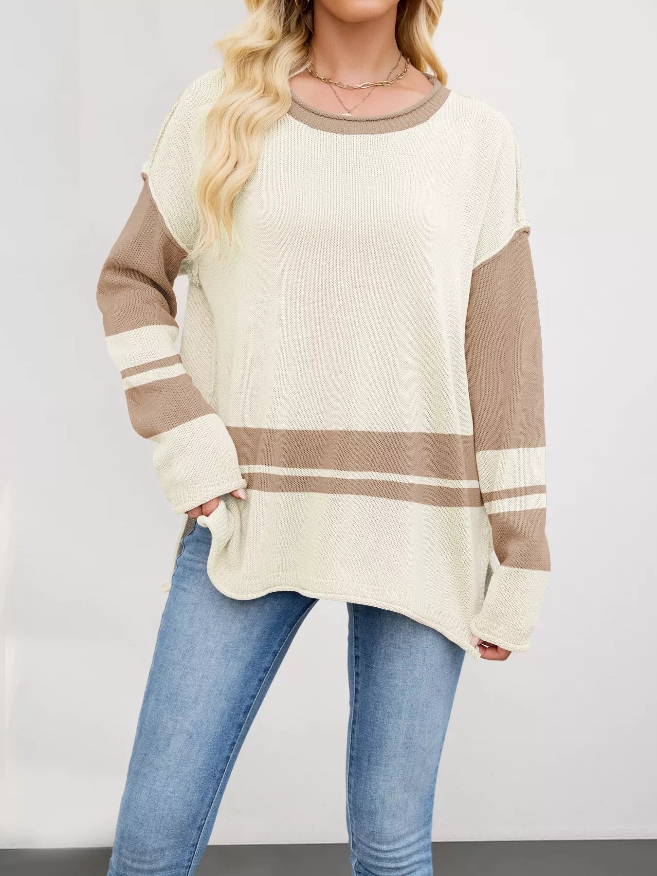 Wanda - Maglione loose elegante color block con spacchi laterali