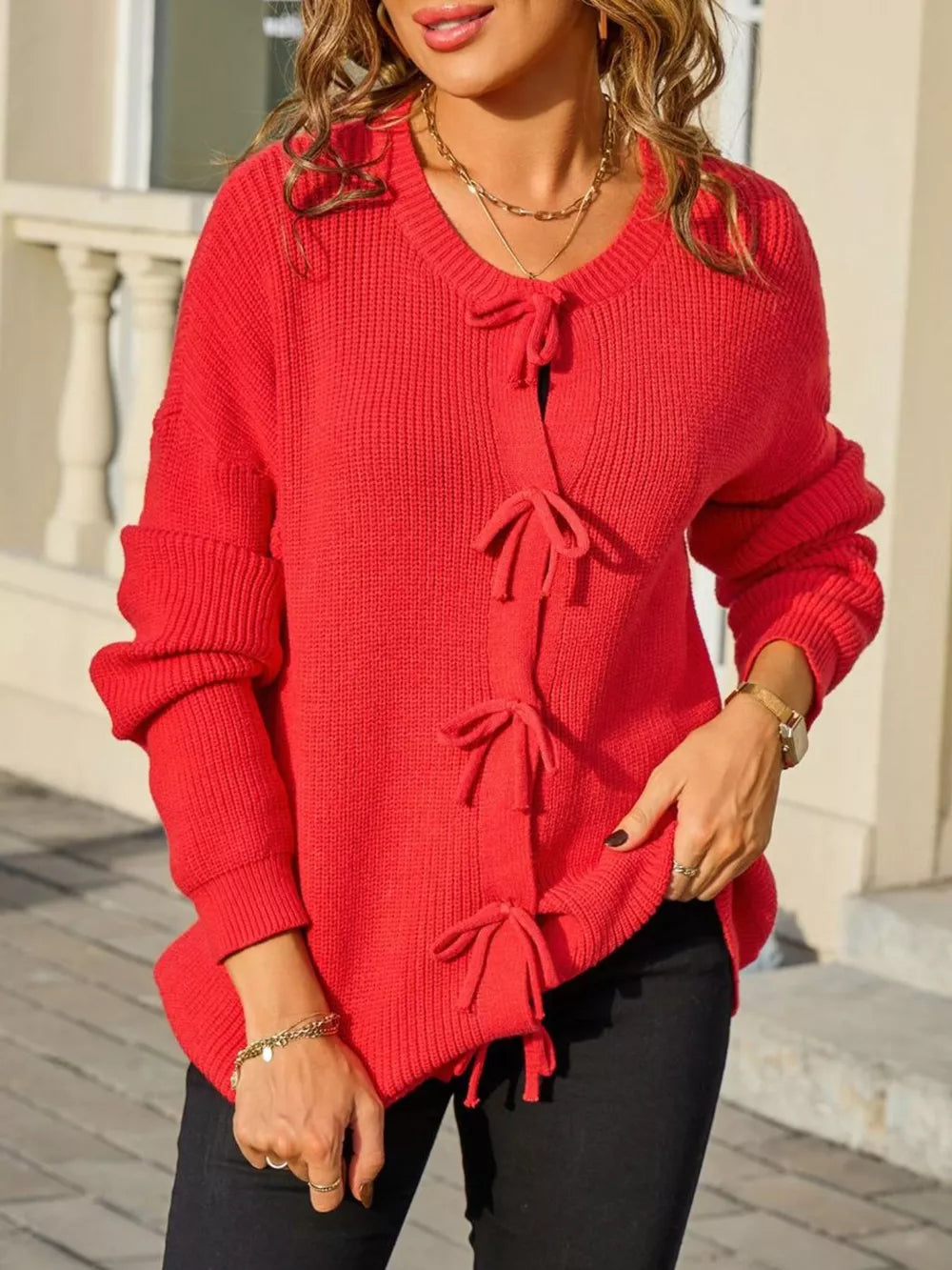 Keziah - Cardigan caldo in maglia a coste con fiocco