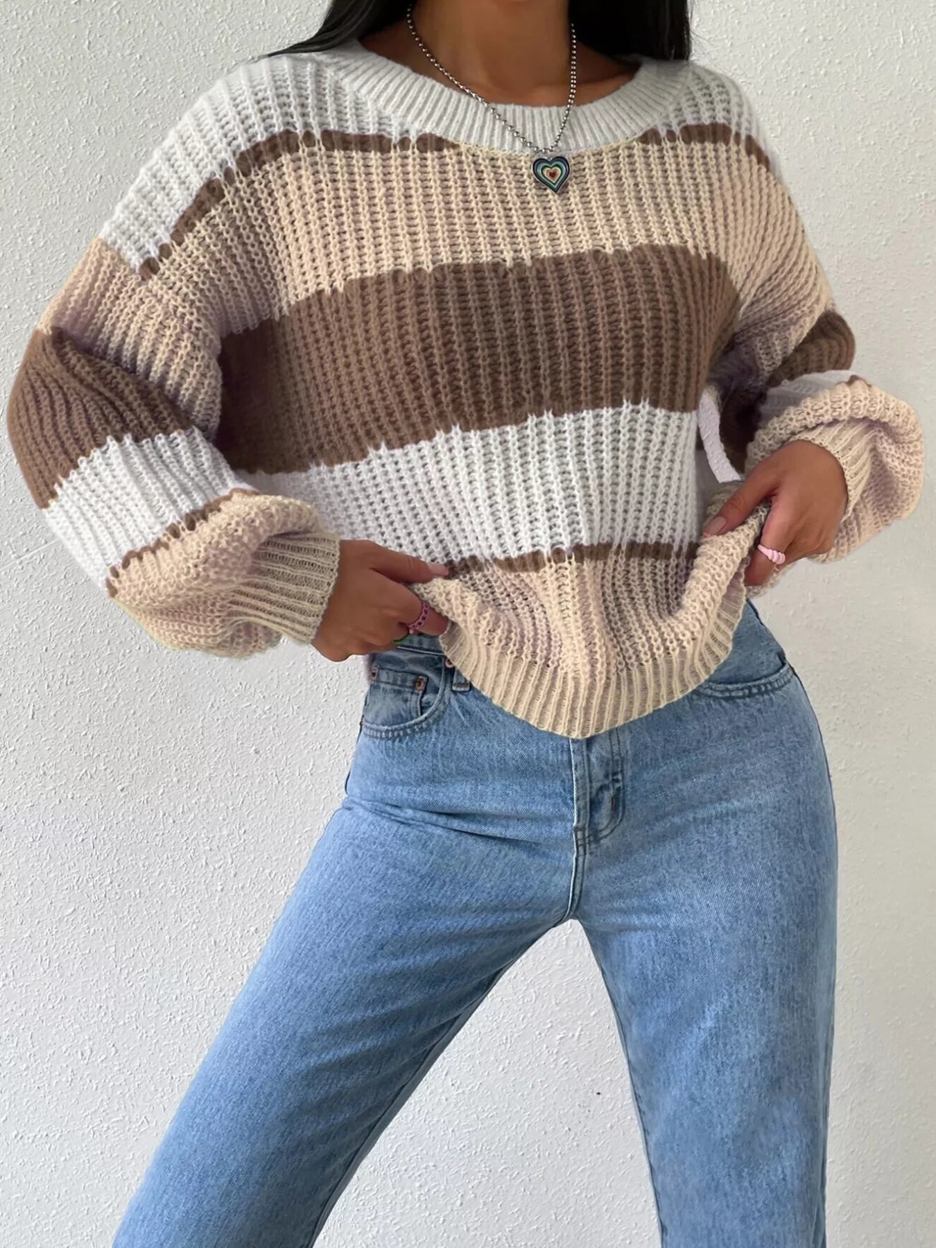 Emerie - Maglione girocollo caldo a righe lavorato a maglia