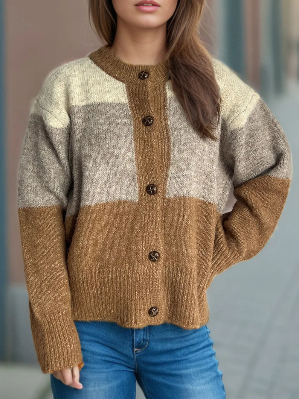 Ysabella - Cardigan casual color block caldo con scollo rotondo e bottoni