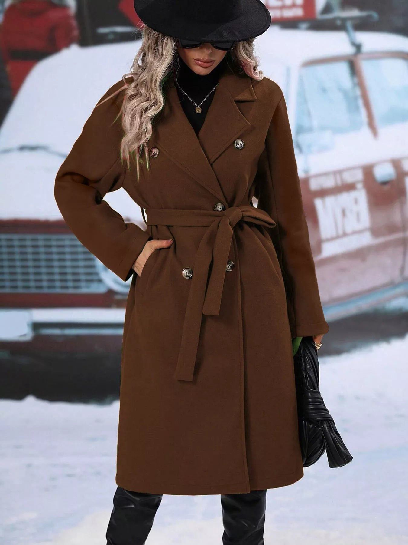 Aliana - Cappotto elegante doppiopetto con collo a revers e cintura