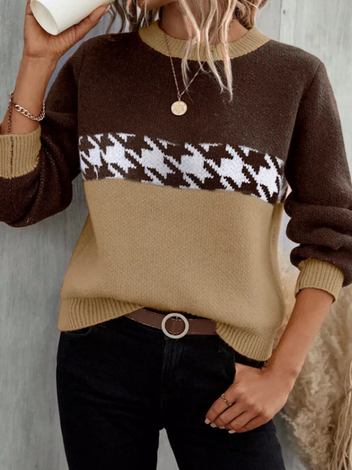 Lucie - Maglione casual a blocchi di colore con motivo pied-de-poule