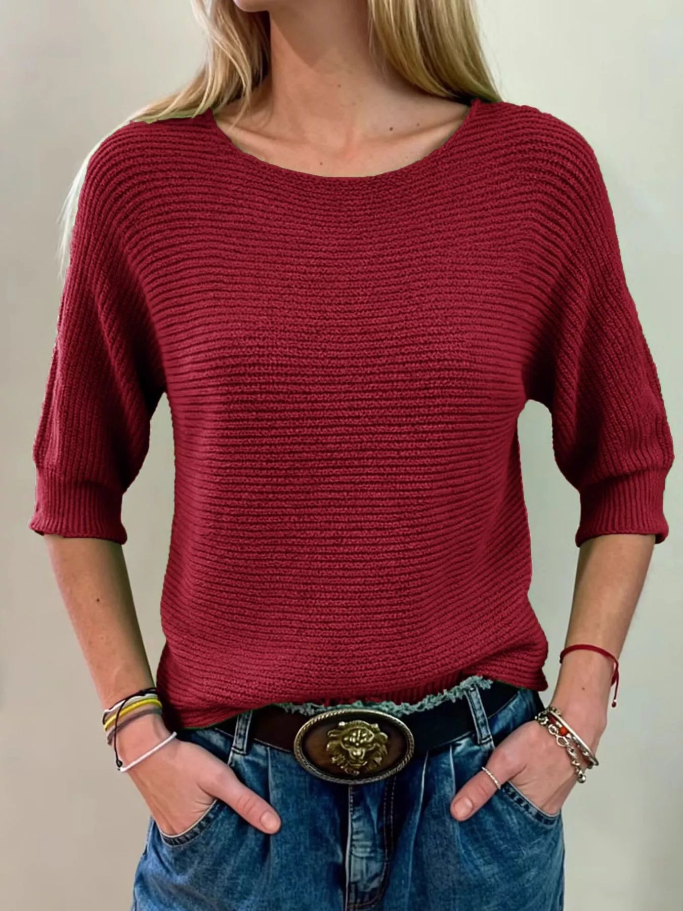 Elisheva - Maglione in maglia a coste girocollo a mezza manica