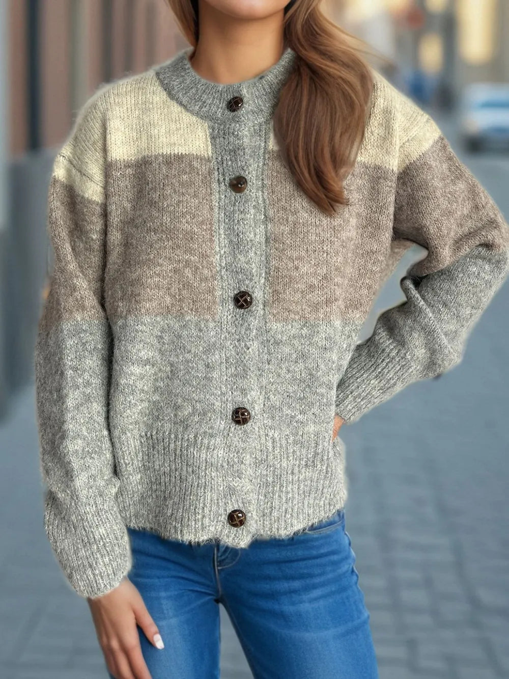 Ysabella - Cardigan casual color block caldo con scollo rotondo e bottoni