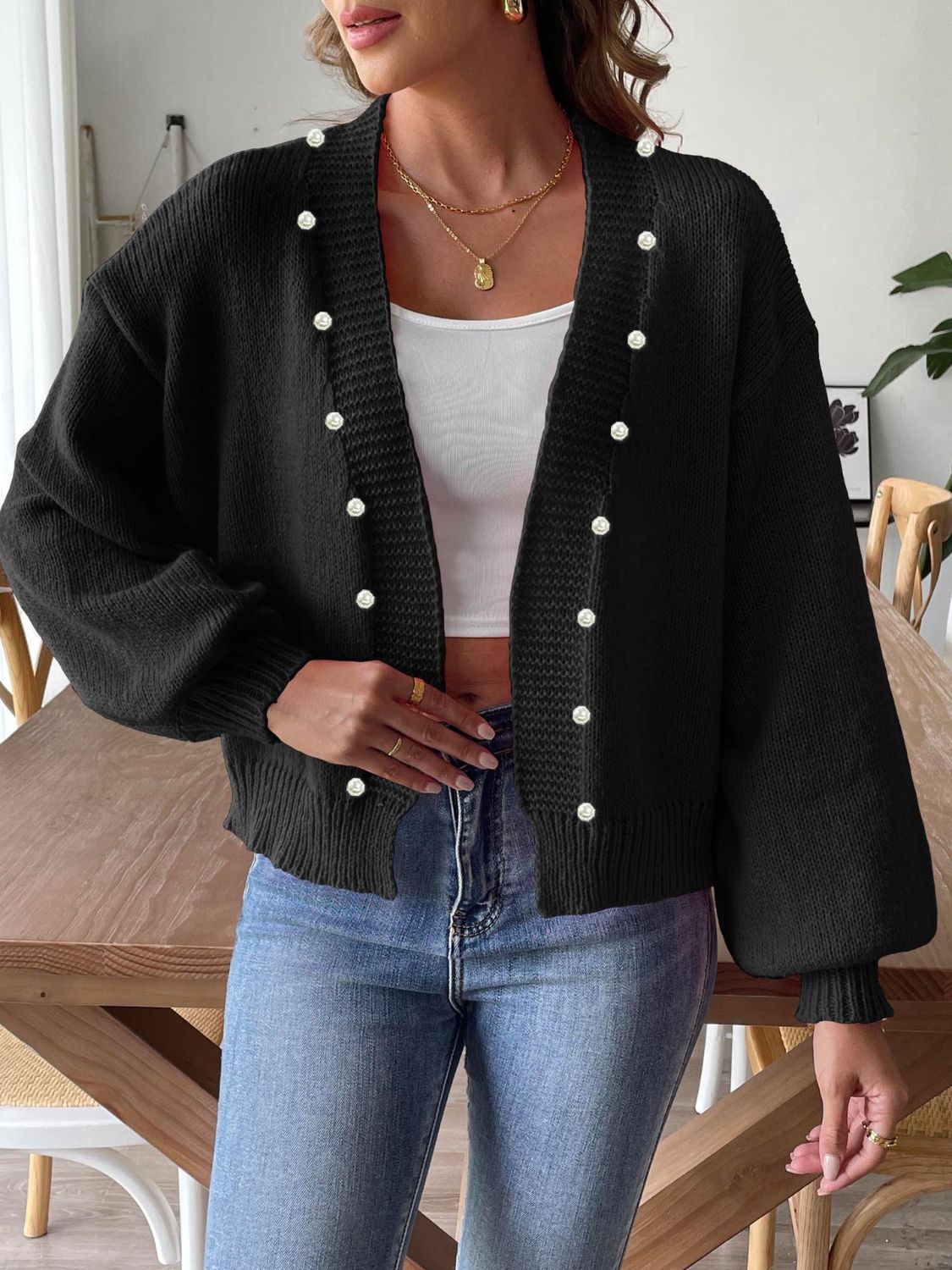 Kenna - Cardigan elegante aperto con perle e maniche lunghe