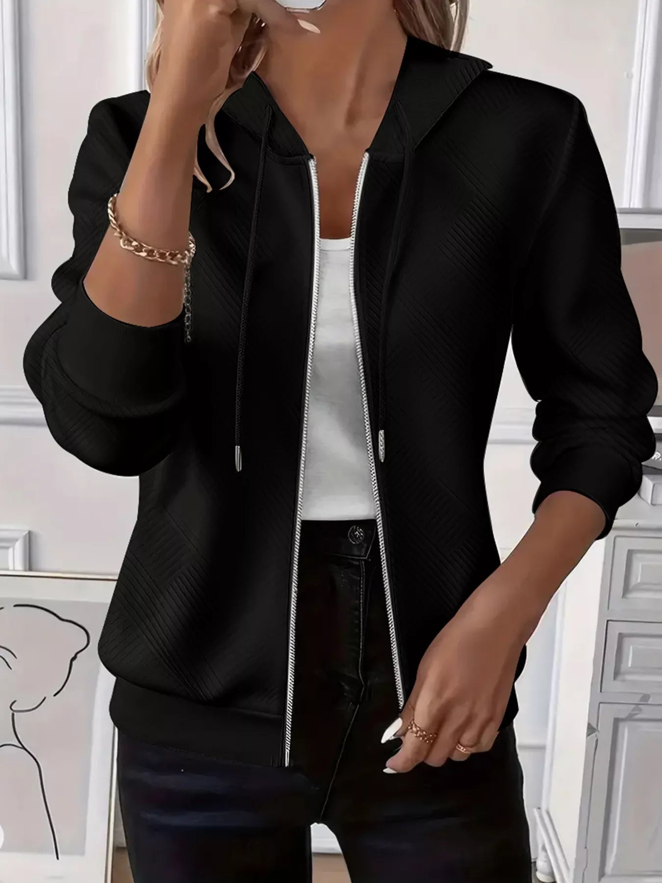 Daira - Cardigan casual in maglia con zip e coulisse sul cappuccio