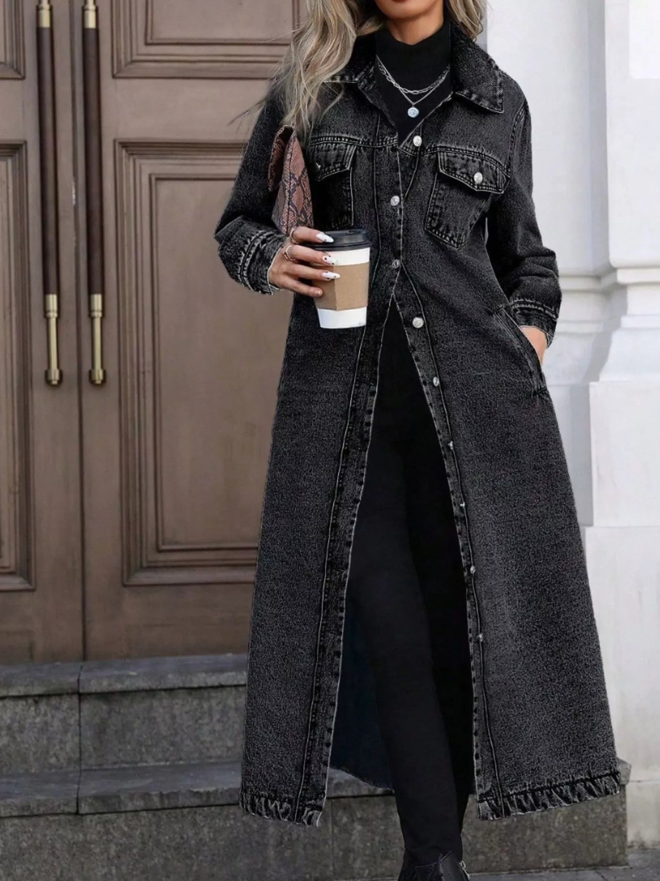 Giuliana - Giacca cappotto in denim lungo con bottoni alla moda