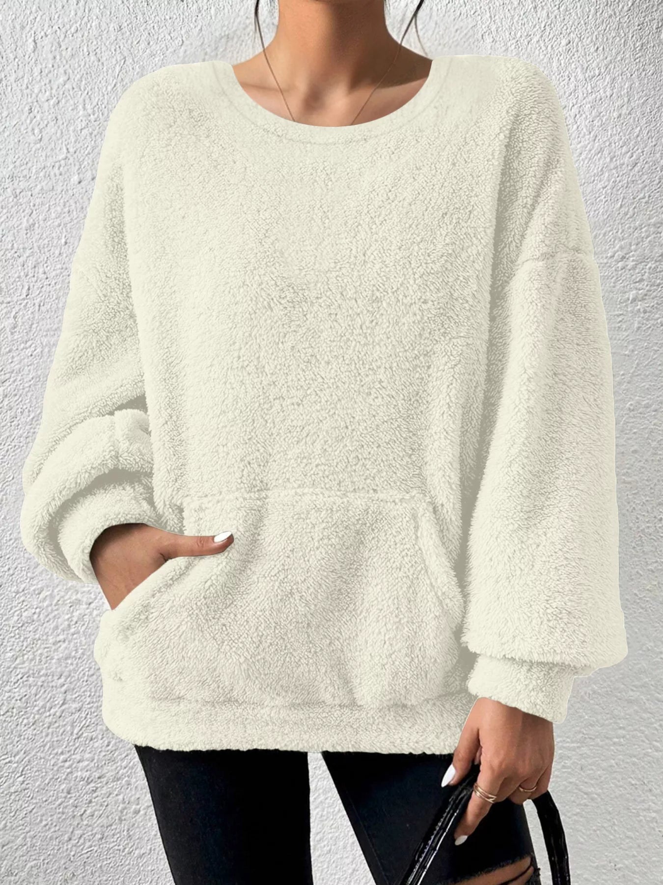 Jiana - Maglione caldo in pile con scollo rotondo e spalle scese