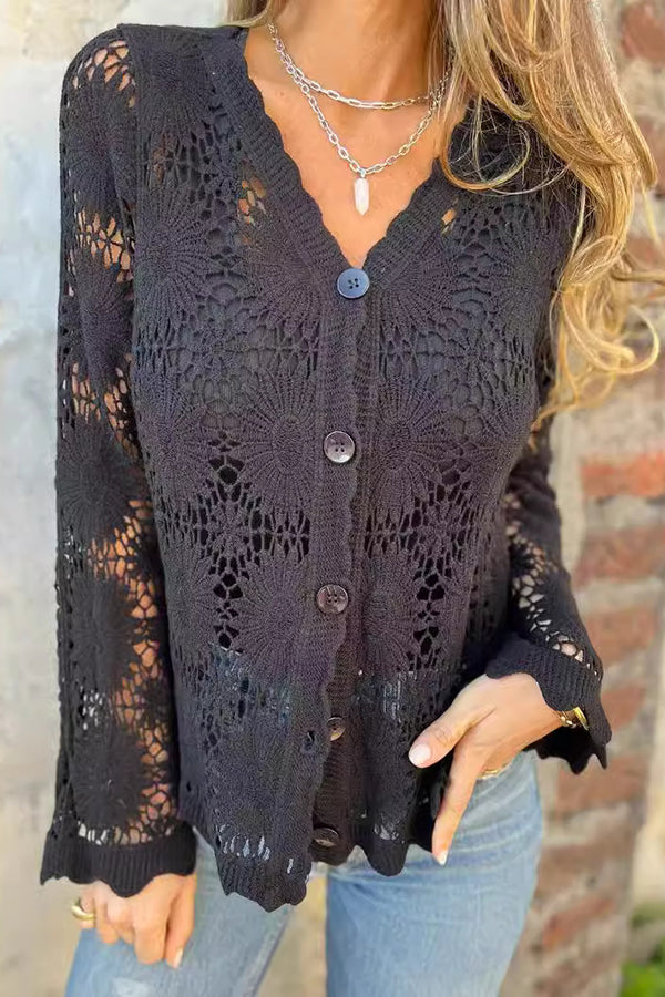 Joyana - Cardigan elegante in pizzo traforato con bottoni