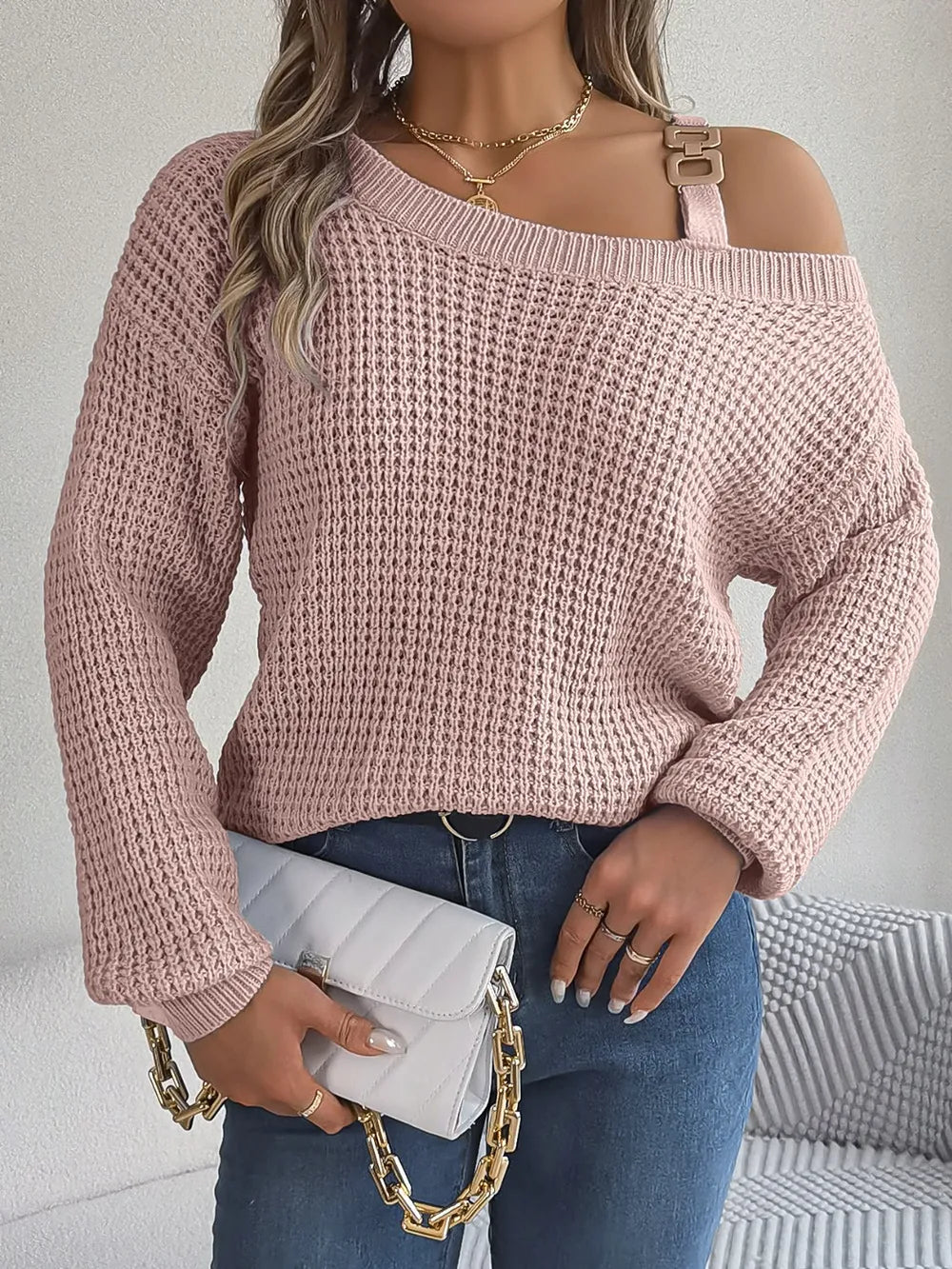 Emiely - Maglione elegante con scollo asimmetrico e maniche lunghe