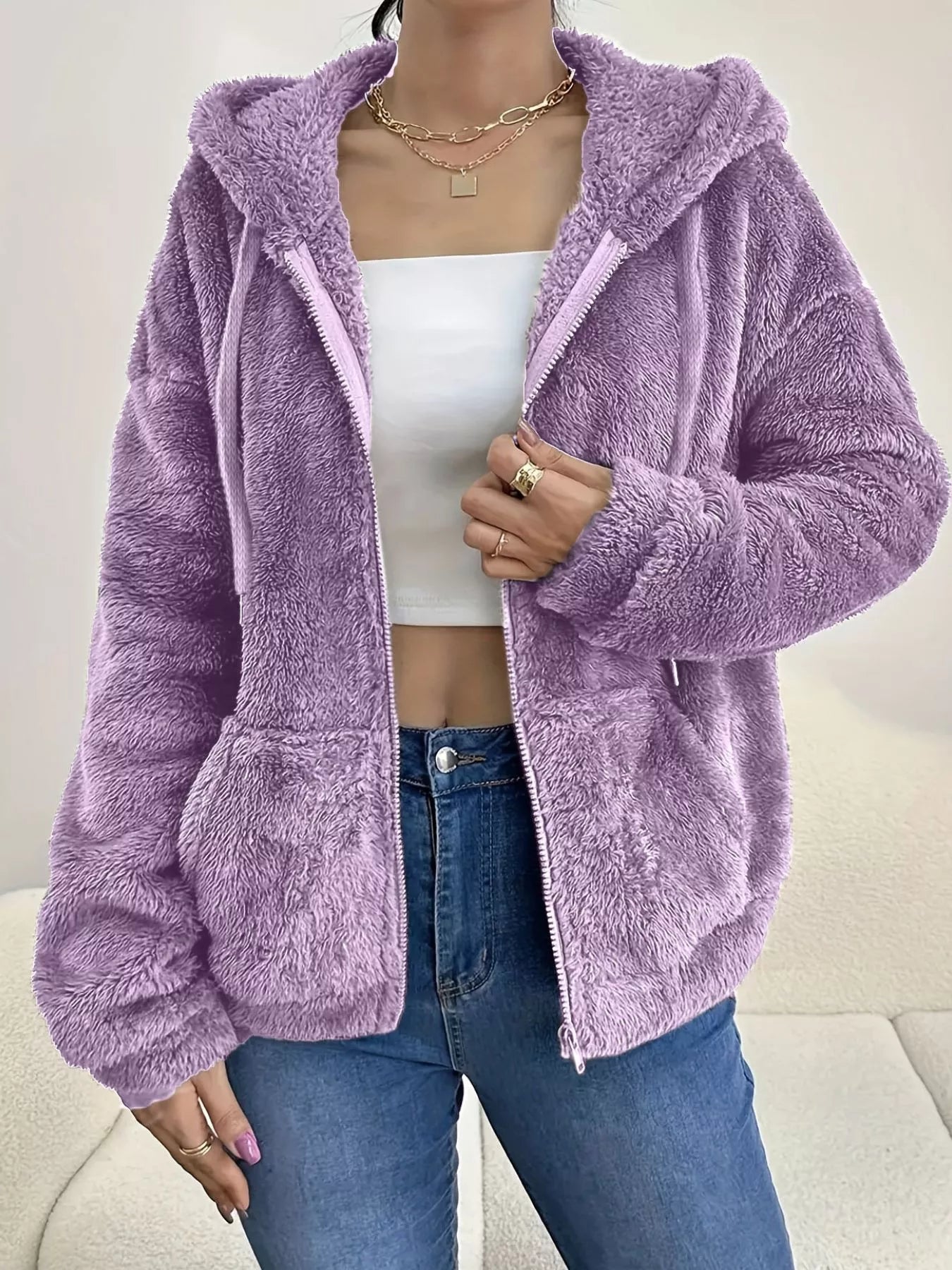 Denisse - Giacca in Pile Calda con Zip e Coulisse