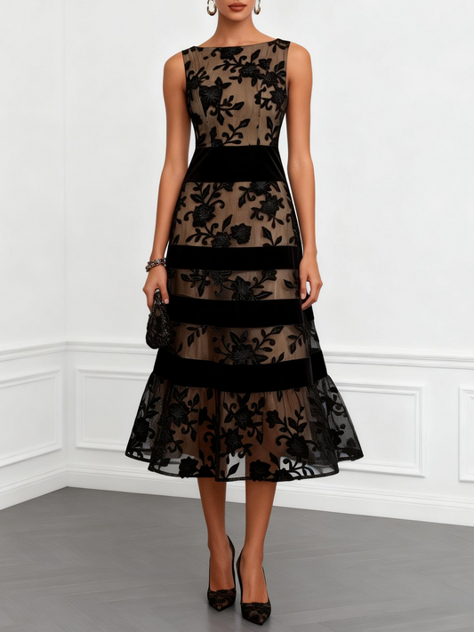 Abito Midi Floreale in Mesh da Donna
