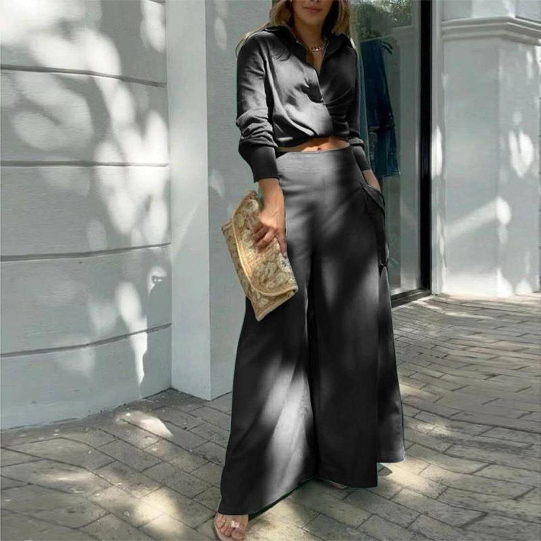 Althea - Blusa crop elegante a maniche lunghe e pantaloni a gamba larga
